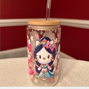 16 oz Hello Kitty princess glass tumbler with glass straw. New, never used